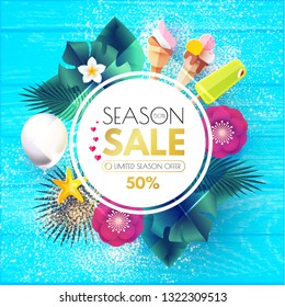 Summer Sale Tropical Background with Leaves, Flowers, Balloons. Lights and Neon Effects. Vector illustration