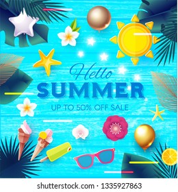 Summer Sale Tropical Background with Leaves, Flowers, Balloons. Lights and Neon Effects. Vector illustration