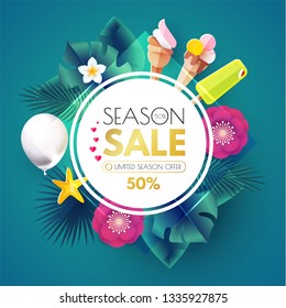 Summer Sale Tropical Background with Leaves, Flowers, Balloons. Lights and Neon Effects. Vector illustration