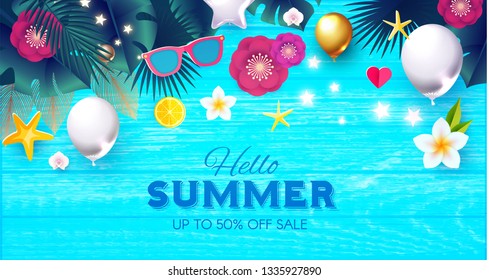 Summer Sale Tropical Background with Leaves, Flowers, Balloons. Lights and Neon Effects. Vector illustration