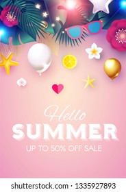 Summer Sale Tropical Background with Leaves, Flowers, Balloons. Lights and Neon Effects. Vector illustration