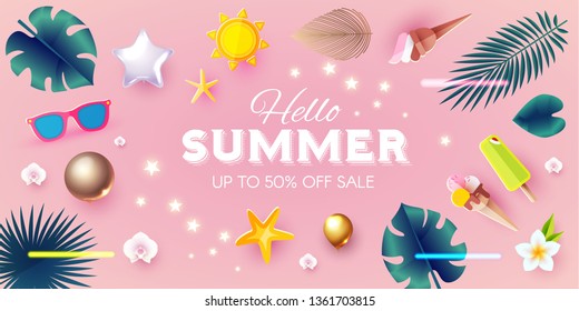 Summer Sale Tropical Background with Leaves, Flowers, Balloons. Lights and Neon Effects. Vector illustration
