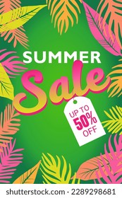 Summer sale tropical background with palm leaves and 50% off tag. Bright vertical sale concept for poster, web baner design.