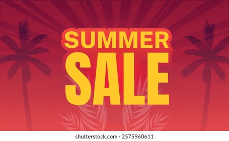 Summer Sale tropical background with palms and sunset. Summer placard poster flyer invitation card. Summer time. Vector Illustration