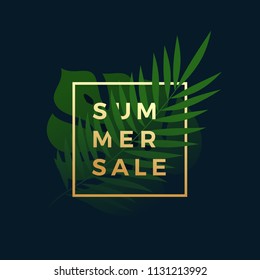 Summer Sale Tropical Banner. Fern and Monstera Palm Leaves In a Golden frame with Modern Typography. Abstract Vector Special Offer Sign, Symbol or Elegant Card Design. Dark Blue Background.