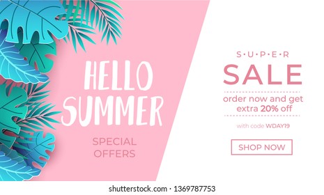 Summer sale tropical banner. Hello summer lettering with paper exotic leaves and sale promotion text. Vector sale illustration template