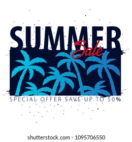 Summer Sale tropical banner with palms and sunset. Summer placard poster flyer invitation card. Summer time. Vector Illustration