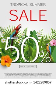 Summer Sale Tropical banner, poster Seasonal Promotion with Exotic Flowers, palm leaves, hibiscus. Discount Template Design background for Poster, Flyer, Gift Certificate, Banner. 