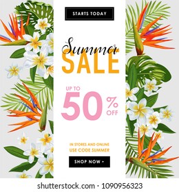 Summer Sale Tropical Banner. Seasonal Promotion with Exotic Flowers and Palm Leaves. Floral Discount Template Design for Poster, Flyer, Gift Certificate. Vector illustration