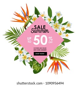 Summer Sale Tropical Banner. Seasonal Promotion with Exotic Flowers and Palm Leaves. Floral Discount Template Design for Poster, Flyer, Gift Certificate. Vector illustration