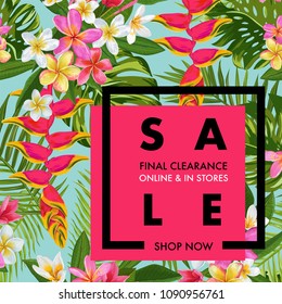 Summer Sale Tropical Banner. Seasonal Promotion with Plumeria Flowers and Palm Leaves. Floral Discount Template Design for Poster, Flyer, Gift Certificate. Vector illustration