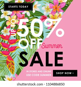 Summer Sale Tropical Banner. Seasonal Promotion with Plumeria Flowers and Palm Leaves. Floral Discount Template Design for Poster, Flyer, Gift Certificate. Vector illustration