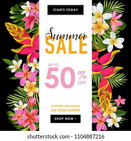 Summer Sale Tropical Banner. Seasonal Promotion with Plumeria Flowers and Palm Leaves. Floral Discount Template Design for Poster, Flyer, Gift Certificate. Vector illustration