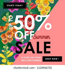 Summer Sale Tropical Banner. Seasonal Promotion with Tiger Lily Flowers and Leaves. Floral Discount Template Design for Poster, Flyer, Gift Certificate. Vector illustration