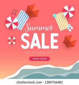 Summer sale tropical beach top view banner template.