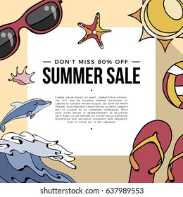 Summer Sale Tropical Beach Vacation Illustration Poster Flyer Card Mock Up Template Layout Vector Art Design