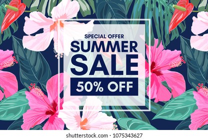 Summer sale tropical colorful background with exotic leaves and hibiscus flowers.