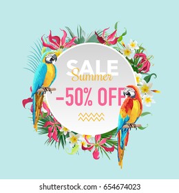 Venta de verano Flores tropicales y loros exóticos Aves Banner, para el afiche de descuento, moda, oferta de mercado en vector