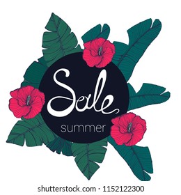 summer sale, tropical flowers, palm leaves, vector, advertising