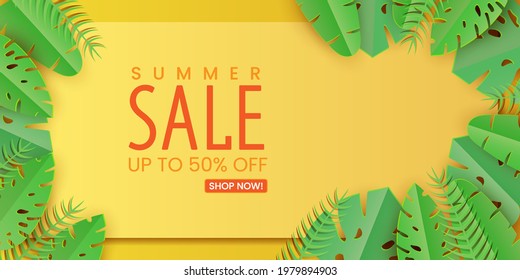 summer sale with tropical leaves background