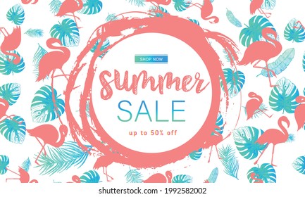 Summer sale. Tropical leaves pattern. Hand drawn illustration.	

