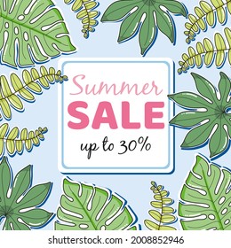Summer sale with tropical leaves. Place for text. Vector illustration. Backdrop for poster, flyer, banner.