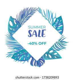 Summer sale tropical leaves vector background. Social media post frame for summer sale.