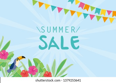 Summer sale, Tropical plants and colorful flag background illustration