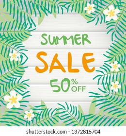 Summer sale, Tropical plants and wood board background illustration 
