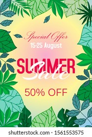 Summer sale tropical poster or banner with palm leaves, vector illustration. Jungle leaf and typography. Floral tropical summer sale exotic background. Hawaii style design discount.