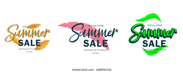 Summer sale tropical style for banner, poster, card, invitation, print. Modern 3d font. Calligraphic discount offer 50 percent off. Graphic business text. Vector illustration.