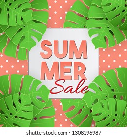 Summer sale Tropical vector illustration with palm leaves on coral background. Tropical Vector  lettering banner