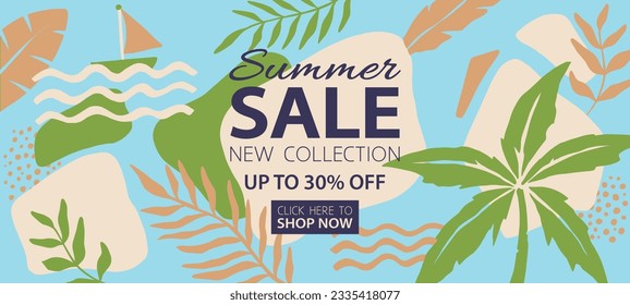 Summer Sale tropical website banner template. Summer Sale tag. Sale promotional material vector illustration. 