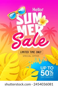 Summer sale, tropical yellow leaf, colorful poster flyer coconut trees design background, Eps 10 vector illustration