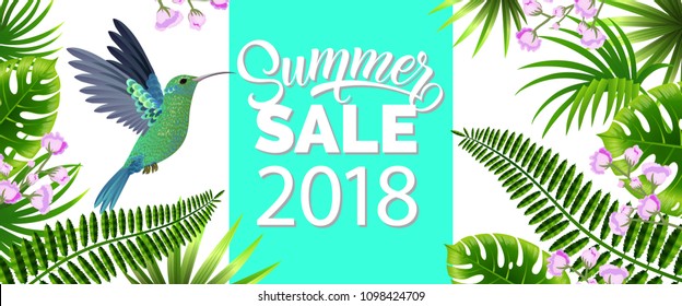 Summer sale, twenty eighteen blue banner design with tropical leaves, lilac flowers and hummingbird. Text can be used for poster, labels, brochures.