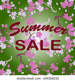 Summer sale. Twig sakura blossoms. Vector illustration. Seamless pattern