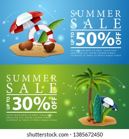 Summer sale, two discount banners for your website with coconut cocktail, beach umbrella, lifeline, palm, coconuts, beach umbrella and surf Board