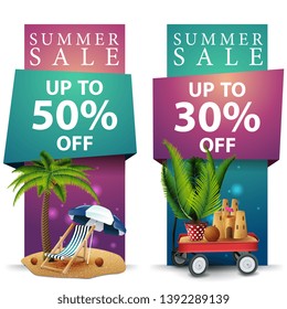 Summer sale, two discount banners with palm tree, beach chair, beach umbrella, garden cart with sand, sand castle and potted palm