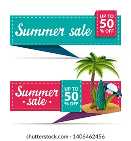 Summer sale, two horizontal discount banners in the form of a ribbon with palm, coconuts, beach umbrella and surf Board