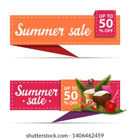 Summer sale, two horizontal discount banners in the form of a ribbon with coconut cocktail, strawberry, raspberry, cherry and ice cream on palm leaf