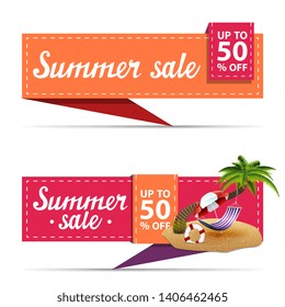 Summer sale, two horizontal discount banners in the form of a ribbon with palm tree, hammock and beach umbrella
