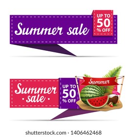 Summer sale, two horizontal discount banners in the form of a ribbon with watermelon, coconut cocktail in coconut, sign with the inscription "summer"