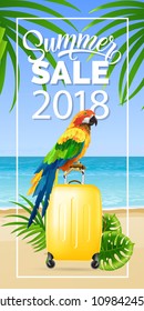 Summer sale two thousand eighteen lettering in frame with sea beach and parrot on suitcase. Summer offer design. Handwritten and typed text, calligraphy. For brochure, invitation, poster or banner.