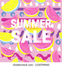 SUMMER SALE typographic banner with seamless Watermelon Pattern isolated on hand drawn ethnic background. Fresh fruits seasonal sales background flat style. Vector illustration eps 10 file