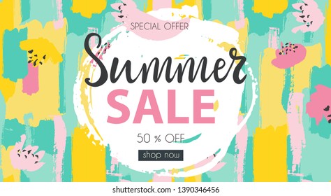 Summer sale typography banner illustration for advertisement, business, fashion with hand drawn lettering and colorful flowers and brush strokes on background