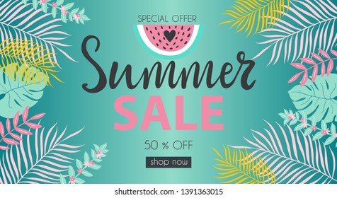 Summer sale typography banner illustration for advertisement, business, fashion with hand drawn lettering and tropic palm leaves
