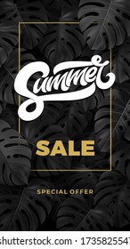 SUMMER SALE typography in frame on tropical dark texture with leaves. Illustration with lettering for banner, flyer, poster, web site, stories, promotion. Botanical background with Monstera. eps10