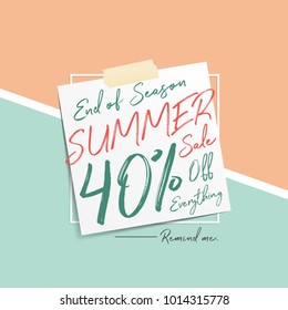 Summer Sale V6 40 percent heading design note pad on pastel background for banner or poster. Sale and Discounts Concept. Vector illustration.