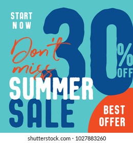 Summer Sale V8 30 percent (don't miss) vector heading design fashion style  for banner or poster. Sale and Discounts Concept.