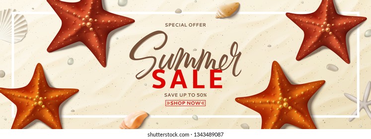 Summer sale vector background. Summer banner with top view on realistic seashells and starfishes on sea beach. Vector illustration with special discount offer.